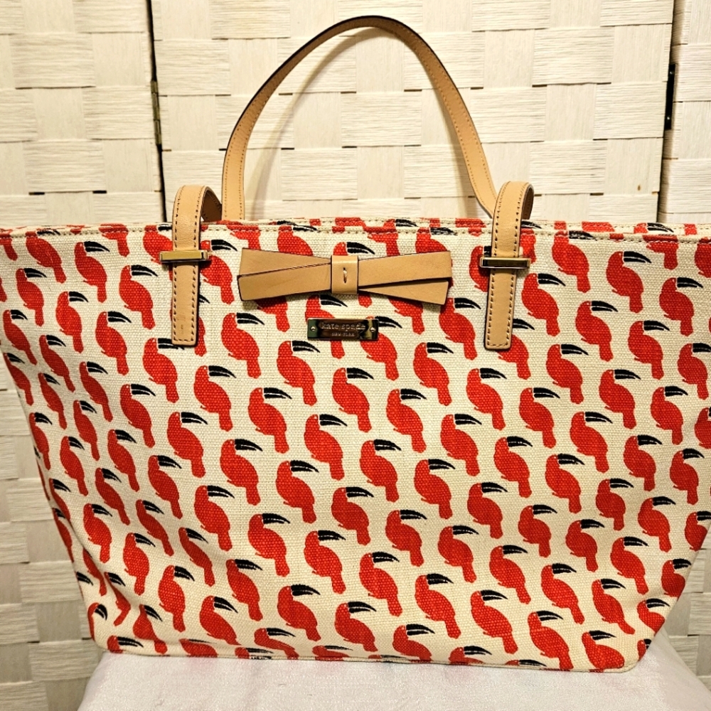 Kate Spade Francis Toucan Multi Linen/jute White & Red Tote With Matching Wallet - Picture 4 of 16